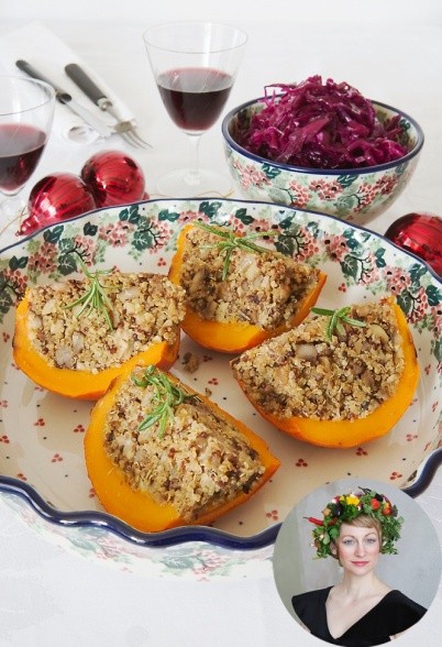 Hokkaido-Kürbis mit Maronen-Quinoa-Füllung und hausgemachtem blauem Sauerkraut